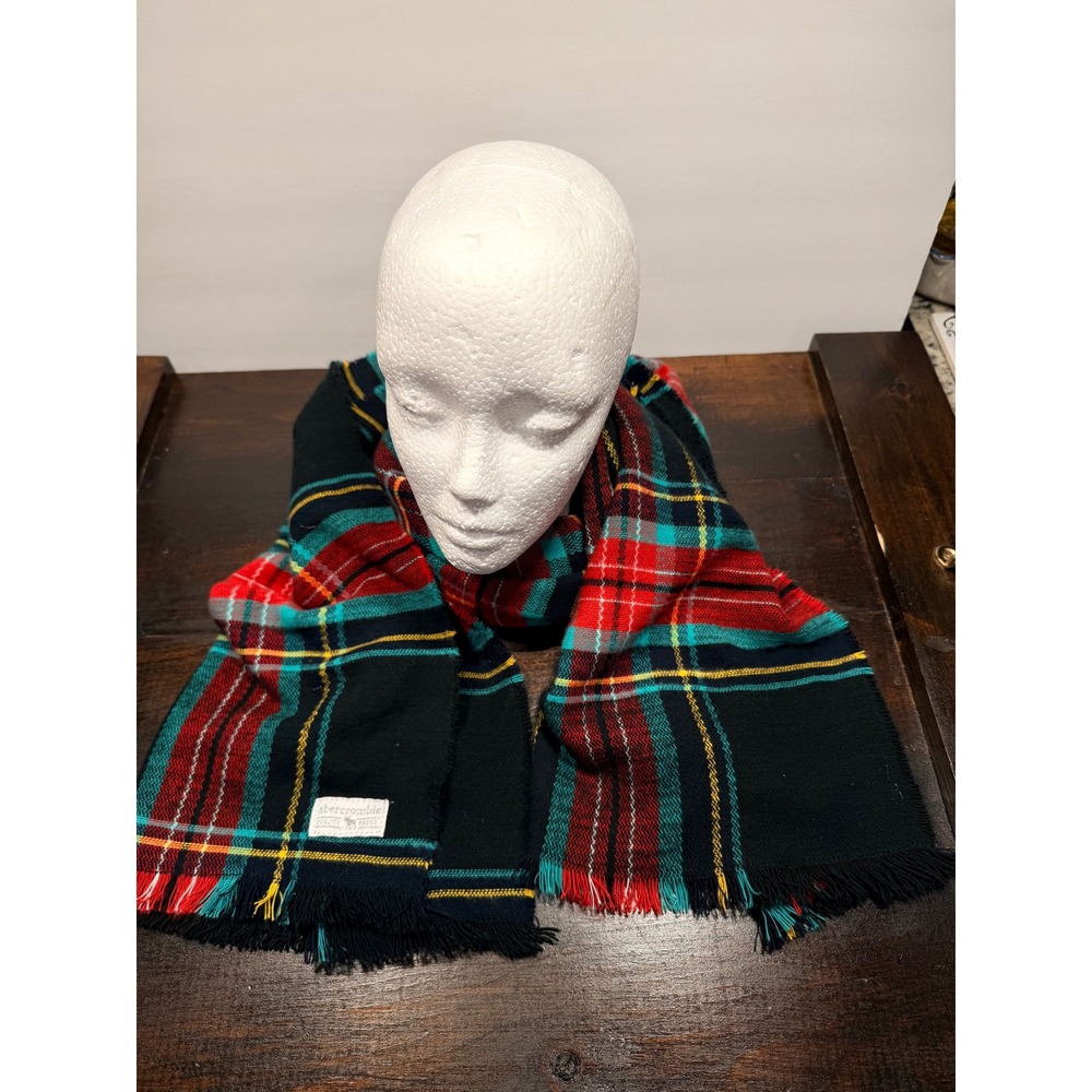 Abercrombie‎ Plaid Scarf Red Teal Yellow Black Fringe Cozy Winter Warm
